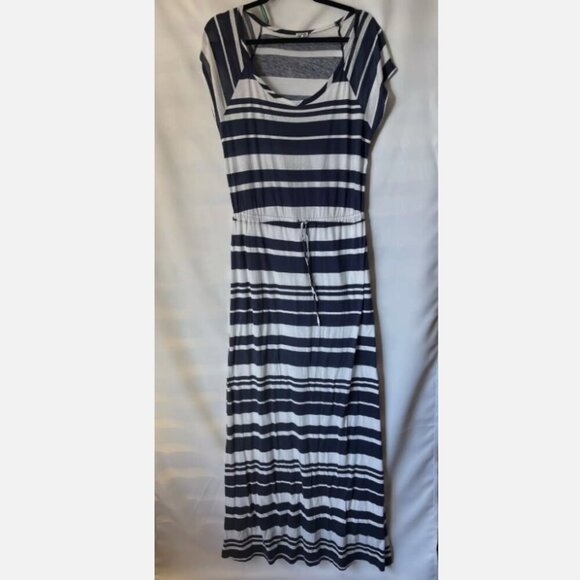 Splendid Maxi Dress Large Blue White Stripe Short Sleeve Scoop Neck Column - Picture 2 of 7